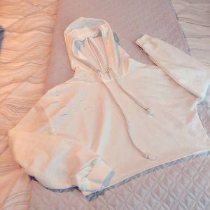 White Long Sleeve Distressed Crop Top Hoodie